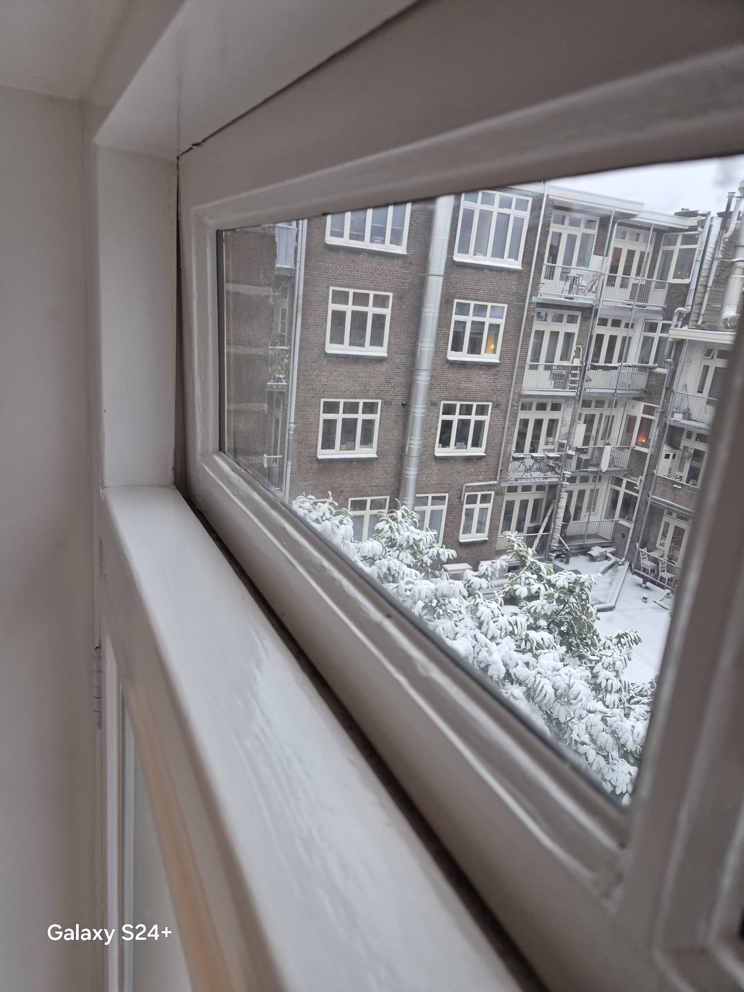 Wit houten raam met uitzicht op een Amsterdams binnenterrein in de sneeuw
